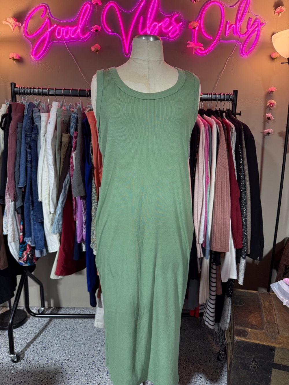Sleeveless Ribbed Sage Green Maxi Tank Dress NWOT